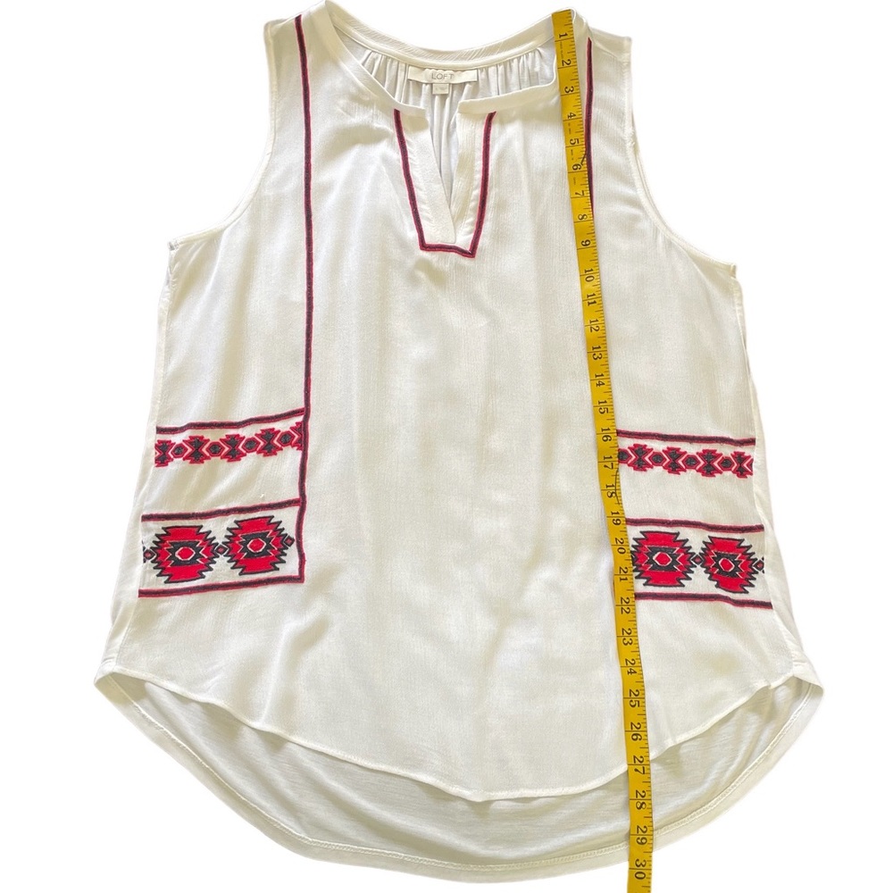 Ann Taylor LOFT Embroidered Split Neck Aztec Shell Top, Red/White/Blue - Picture 7 of 12